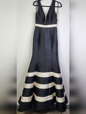 Elegant Black and Ivory Stripe Evening Gown, 65577L Mermaid Black Cream Deep V